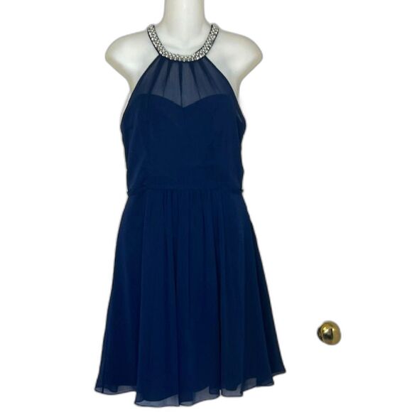 NWOT DAVIDS BRIDAL MARINE BLUE CHIFFON BRIDESMAID DRESS SIZE 10 W11082 - Picture 1 of 13